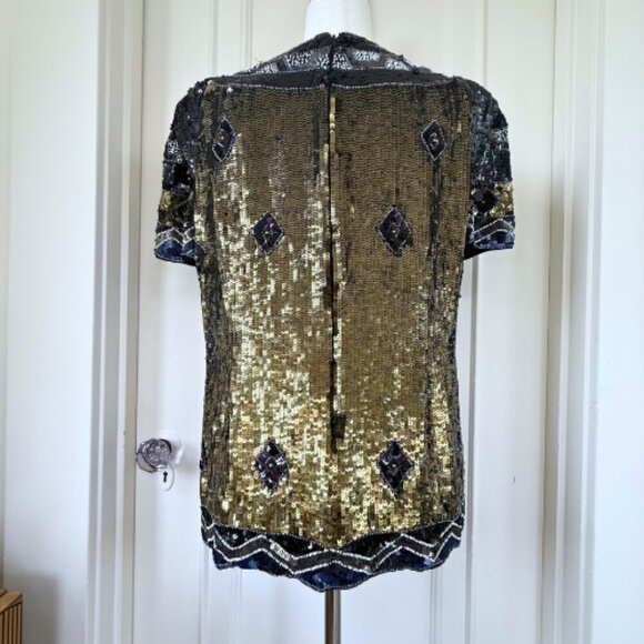 FRENCH CONNECTION Carnival Sequin Black Gold Short Sleeve Top Size 10 - Picture 6 of 16